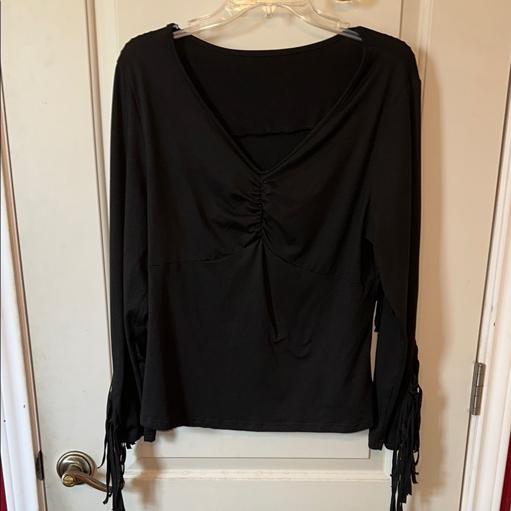 SHEIN Black Ruched Fringe Long Sleeve Shirt